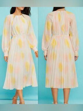 Gibson Latimer Pastel Watercolor Pleated Blouson Midi Dress L